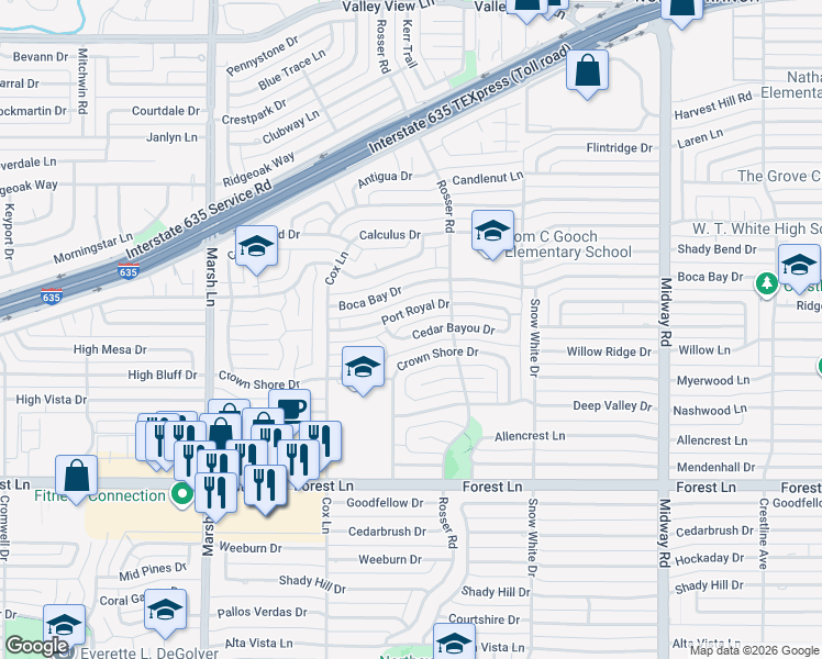map of restaurants, bars, coffee shops, grocery stores, and more near 3966 Cedar Bayou Drive in Dallas