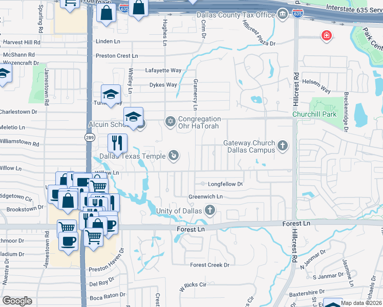 map of restaurants, bars, coffee shops, grocery stores, and more near 12124 Madeleine Circle in Dallas