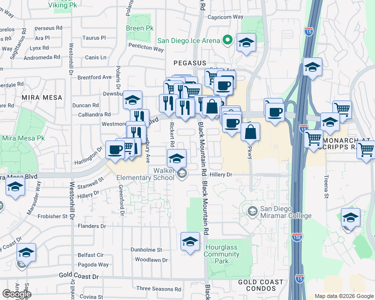 map of restaurants, bars, coffee shops, grocery stores, and more near 10770 Black Mountain Road in San Diego