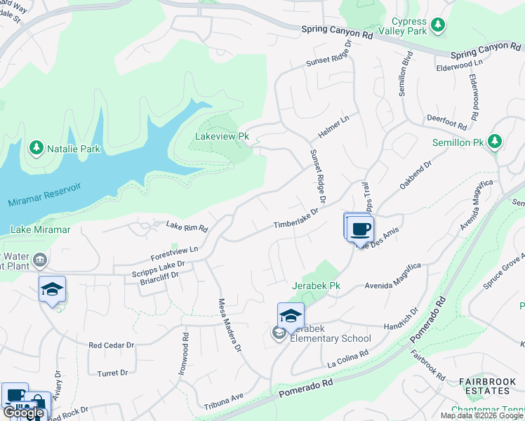 map of restaurants, bars, coffee shops, grocery stores, and more near 10606 Falcon Rim Point in San Diego