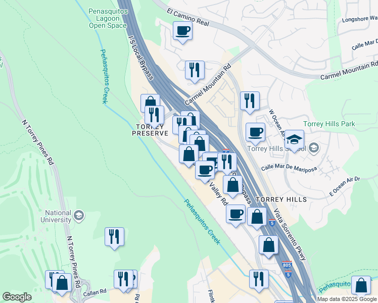map of restaurants, bars, coffee shops, grocery stores, and more near 3421 Tripp Court in San Diego