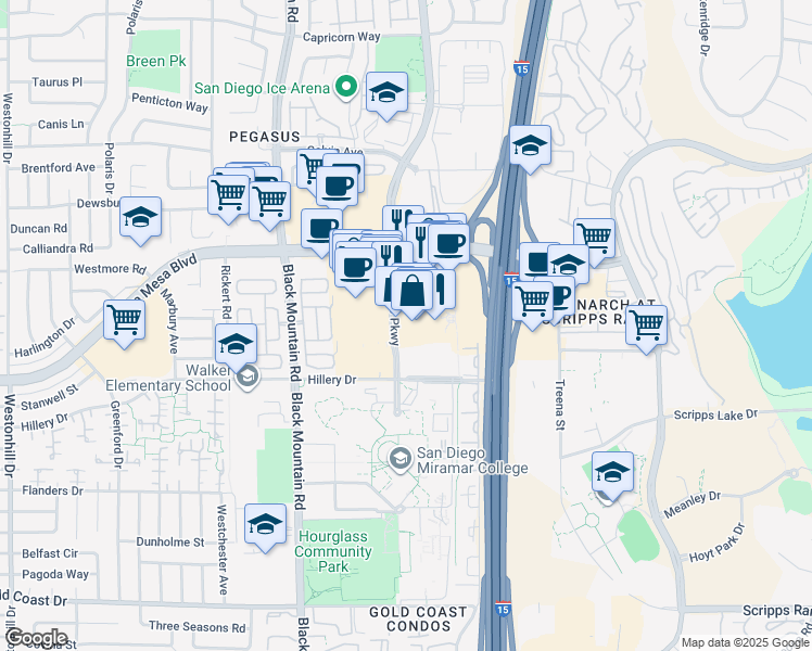 map of restaurants, bars, coffee shops, grocery stores, and more near 10643 Westview Parkway in San Diego