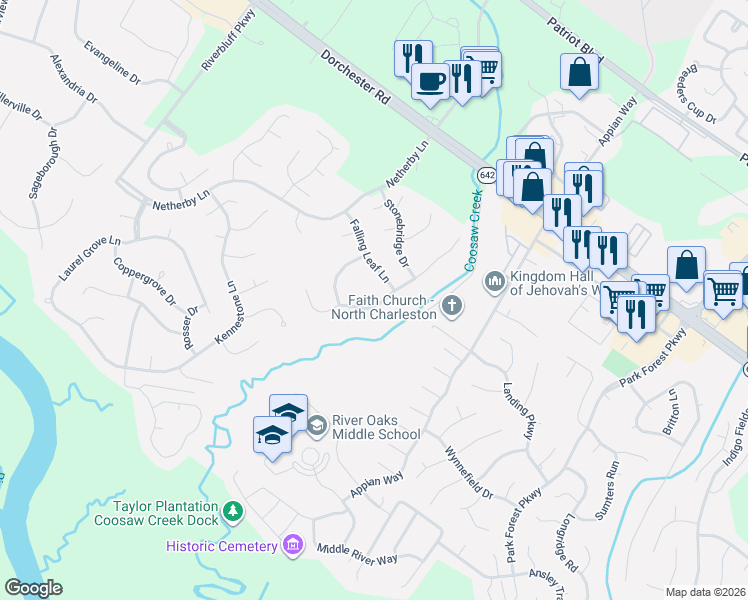 map of restaurants, bars, coffee shops, grocery stores, and more near 5380 Landing Drive in North Charleston