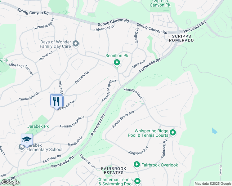 map of restaurants, bars, coffee shops, grocery stores, and more near Pomerado Road in San Diego