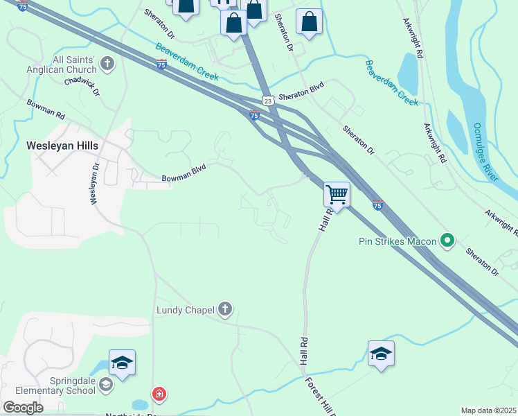 map of restaurants, bars, coffee shops, grocery stores, and more near 3990 Riverside Park Boulevard in Macon