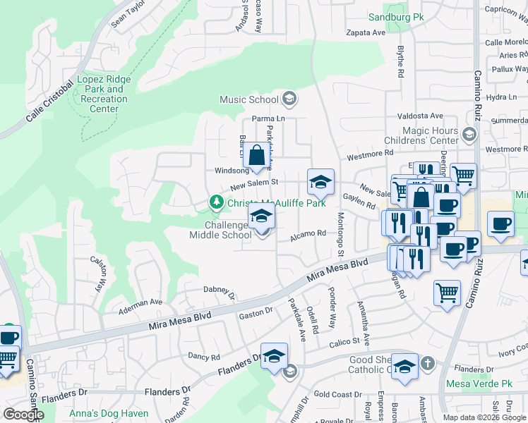 map of restaurants, bars, coffee shops, grocery stores, and more near 10845 Angola Road in San Diego