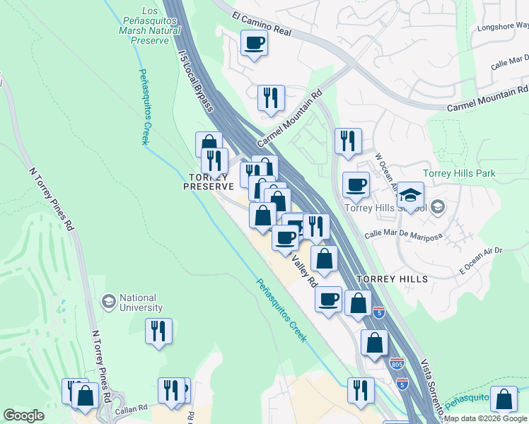 map of restaurants, bars, coffee shops, grocery stores, and more near 3421 Tripp Court in San Diego