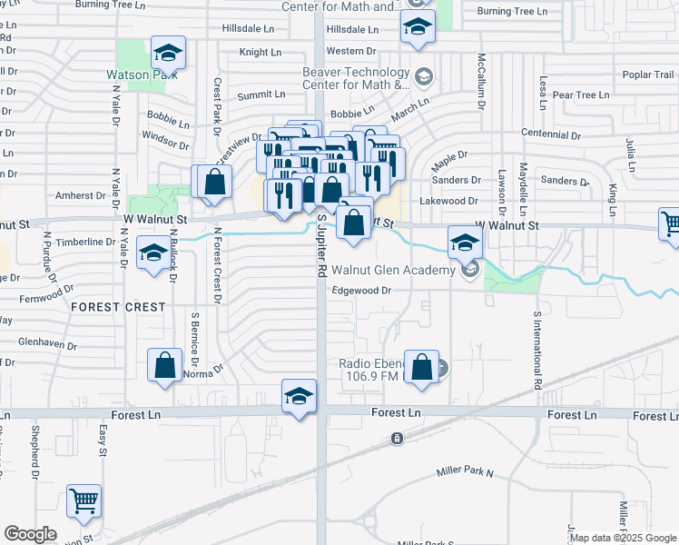 map of restaurants, bars, coffee shops, grocery stores, and more near 110 North Jupiter Road in Garland
