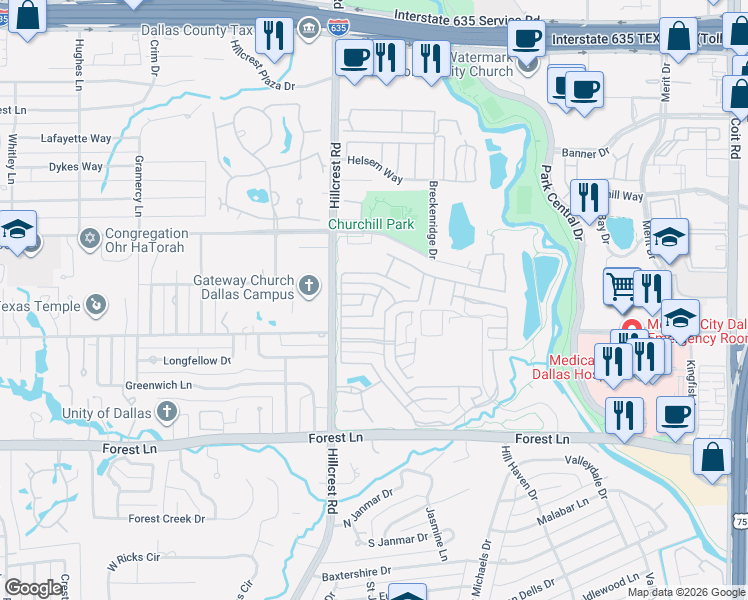 map of restaurants, bars, coffee shops, grocery stores, and more near 6936 Oak Manor Drive in Dallas