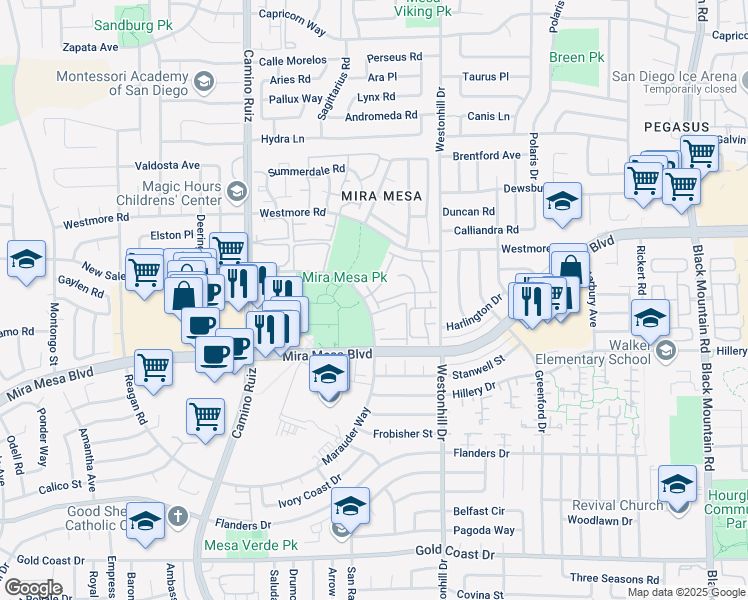 map of restaurants, bars, coffee shops, grocery stores, and more near 8580-36 New Salem Street in San Diego