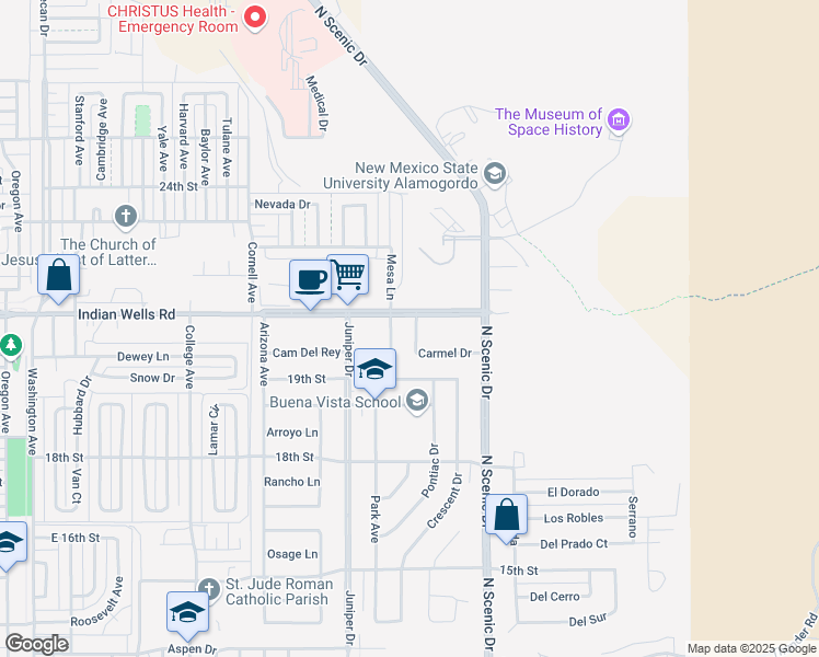 map of restaurants, bars, coffee shops, grocery stores, and more near 2802 Carmel Drive in Alamogordo