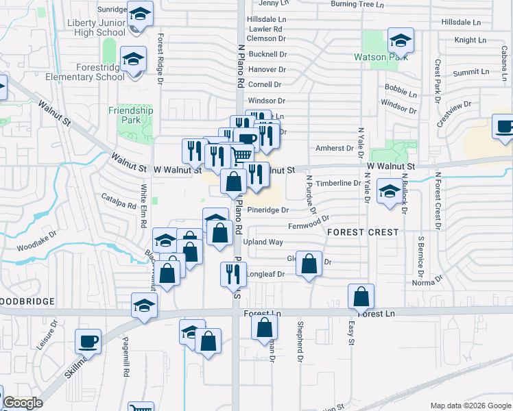 map of restaurants, bars, coffee shops, grocery stores, and more near 4401 Pineridge Drive in Garland