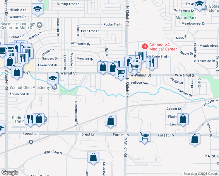 map of restaurants, bars, coffee shops, grocery stores, and more near 321 North Shiloh Road in Garland