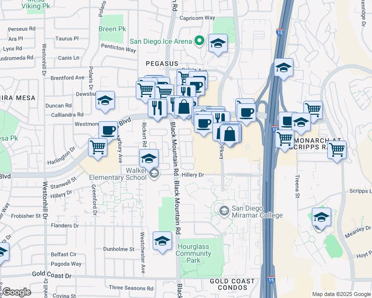 map of restaurants, bars, coffee shops, grocery stores, and more near 10771 Black Mountain Road in San Diego