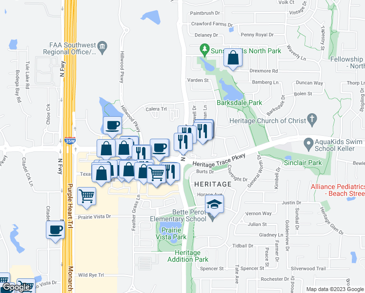 map of restaurants, bars, coffee shops, grocery stores, and more near North Riverside Drive in Keller