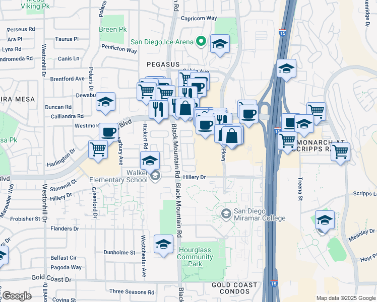 map of restaurants, bars, coffee shops, grocery stores, and more near 10771 Black Mountain Road in San Diego