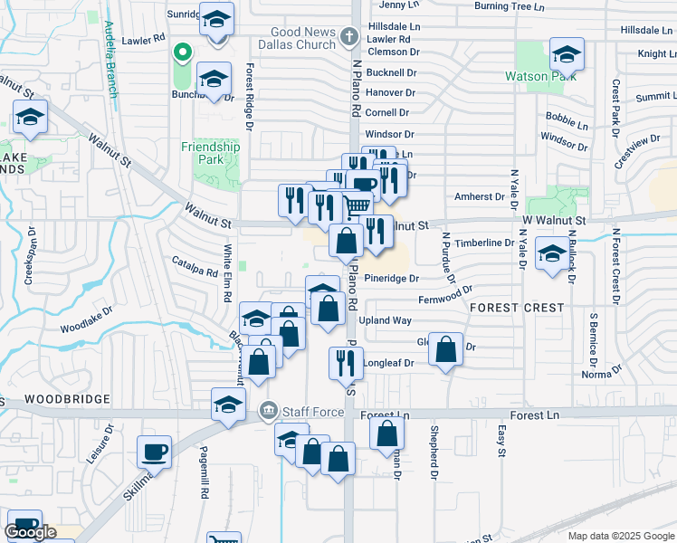 map of restaurants, bars, coffee shops, grocery stores, and more near 12307 Plano Road in Dallas
