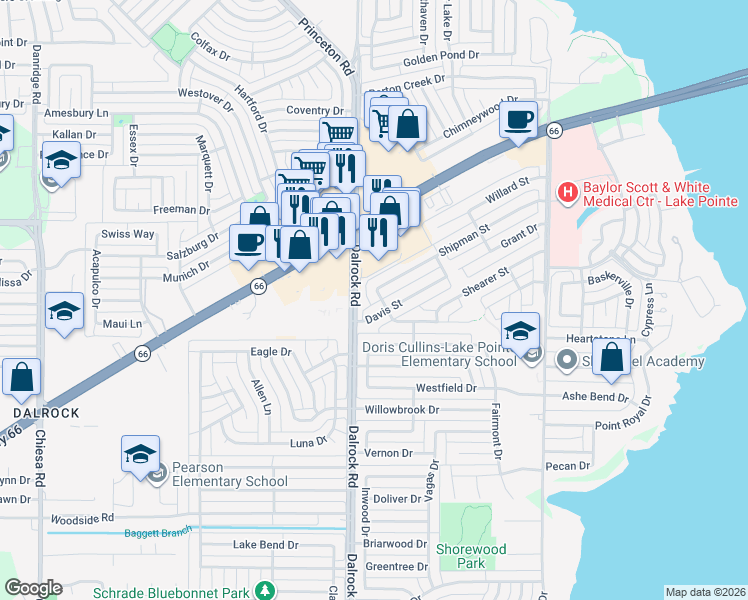 map of restaurants, bars, coffee shops, grocery stores, and more near 6101 Denver Street in Rowlett