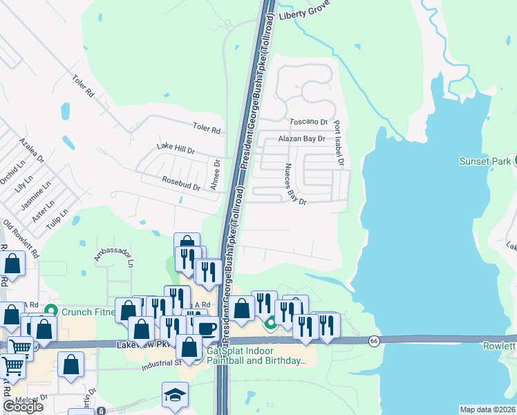 map of restaurants, bars, coffee shops, grocery stores, and more near 5114 Royal Bay Drive in Rowlett