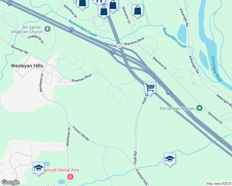 map of restaurants, bars, coffee shops, grocery stores, and more near 3990 Riverside Park Boulevard in Macon