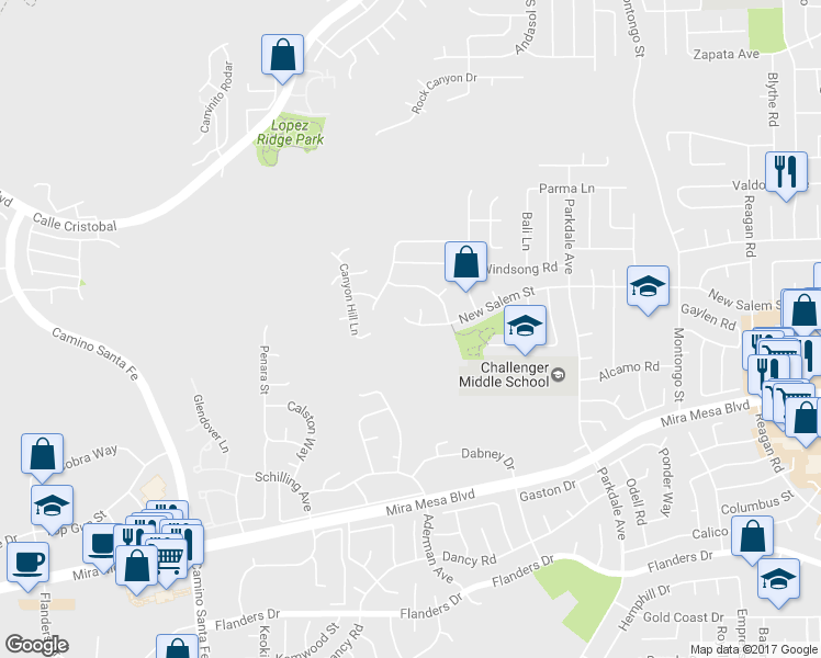 map of restaurants, bars, coffee shops, grocery stores, and more near 7387 New Salem Street in San Diego