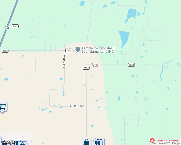 map of restaurants, bars, coffee shops, grocery stores, and more near 8854 County Road 3602 in Quinlan