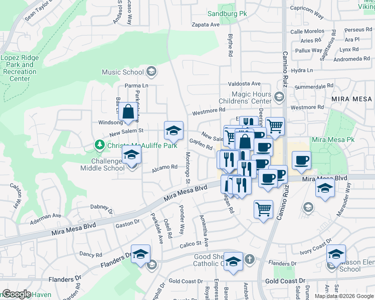 map of restaurants, bars, coffee shops, grocery stores, and more near 10850 Montongo Street in San Diego