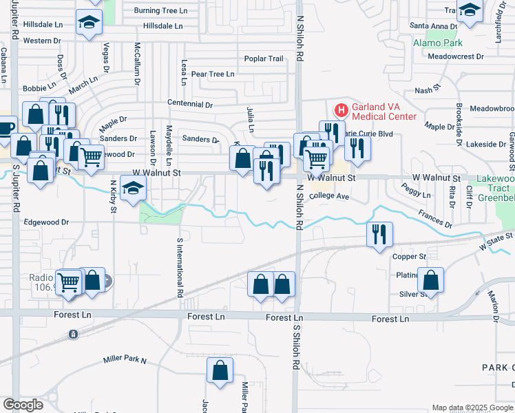 map of restaurants, bars, coffee shops, grocery stores, and more near 321 North Shiloh Road in Garland