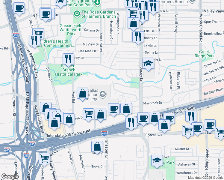 map of restaurants, bars, coffee shops, grocery stores, and more near 2748 Bay Meadows Court in Farmers Branch