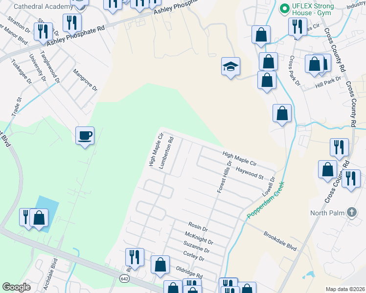 map of restaurants, bars, coffee shops, grocery stores, and more near 7833 Spring Creek Road in North Charleston