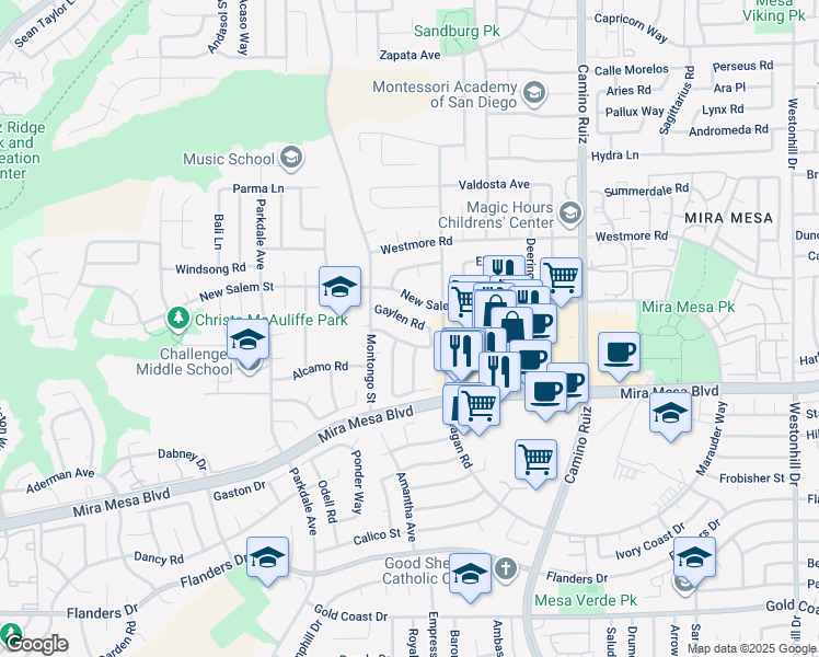 map of restaurants, bars, coffee shops, grocery stores, and more near 7957 Gaylen Road in San Diego