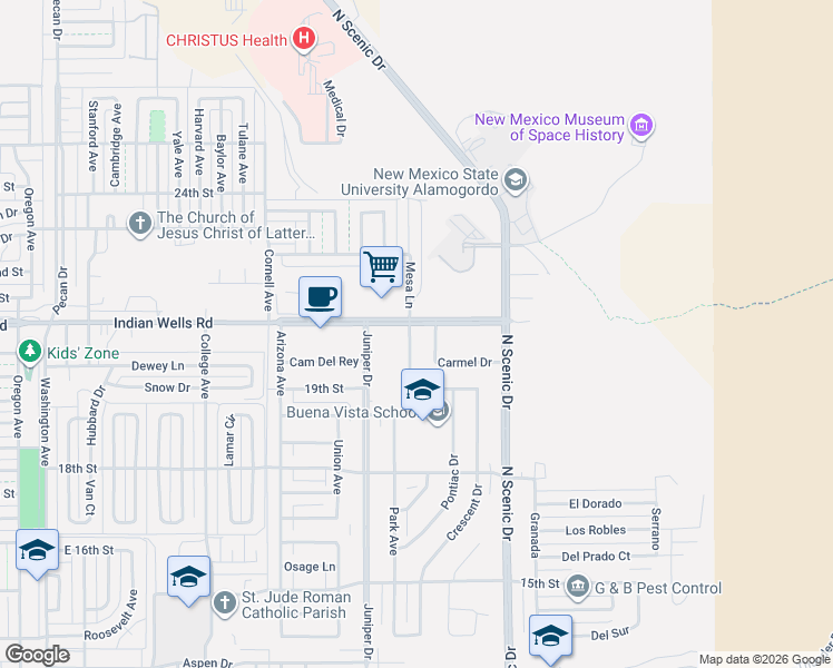 map of restaurants, bars, coffee shops, grocery stores, and more near 2007 Crescent Dr in Alamogordo