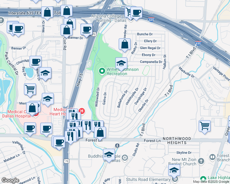 map of restaurants, bars, coffee shops, grocery stores, and more near 12130 Schroeder Road in Dallas