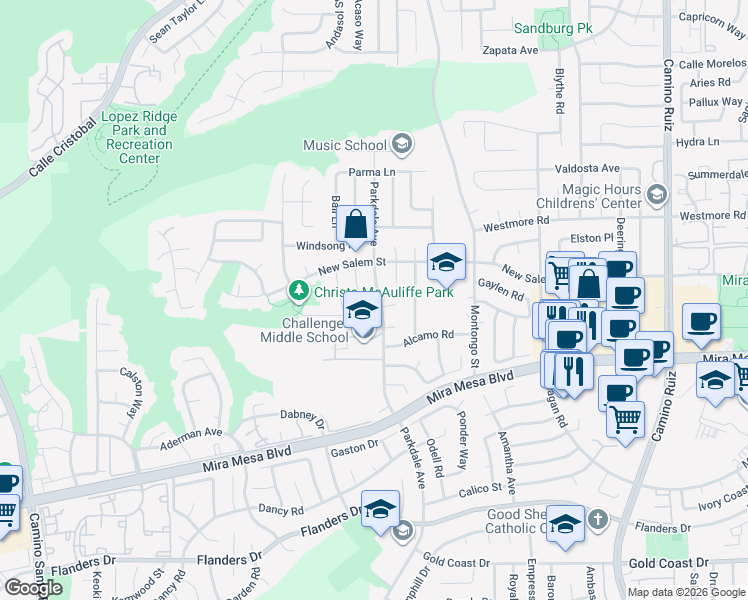 map of restaurants, bars, coffee shops, grocery stores, and more near 10856 Parkdale Avenue in San Diego
