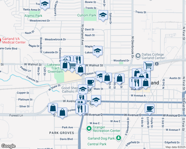 map of restaurants, bars, coffee shops, grocery stores, and more near 1206 Clinton Street in Garland