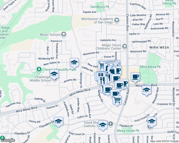map of restaurants, bars, coffee shops, grocery stores, and more near 7957 Gaylen Road in San Diego
