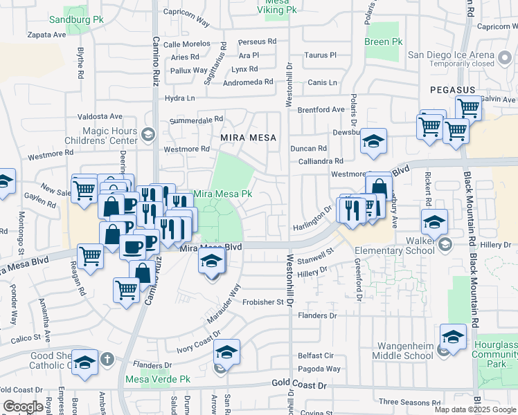 map of restaurants, bars, coffee shops, grocery stores, and more near 8580 New Salem Street in San Diego