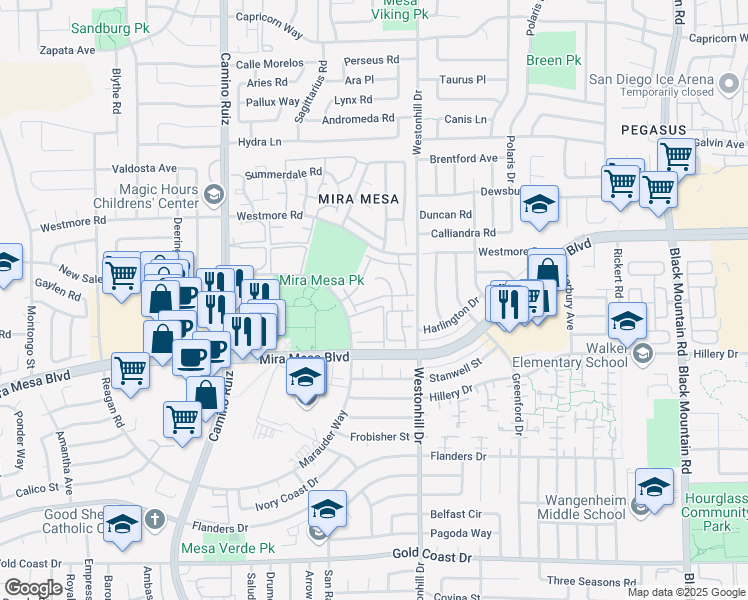 map of restaurants, bars, coffee shops, grocery stores, and more near 8590 New Salem Street in San Diego