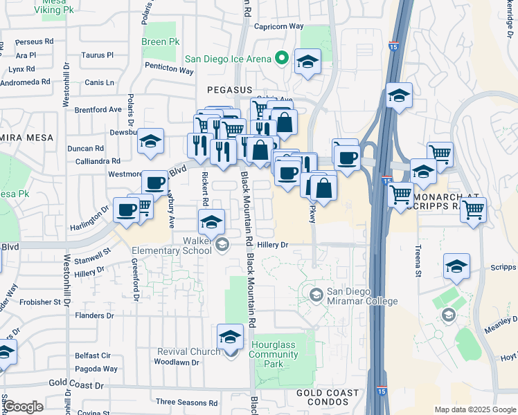 map of restaurants, bars, coffee shops, grocery stores, and more near 10771 Black Mountain Road in San Diego