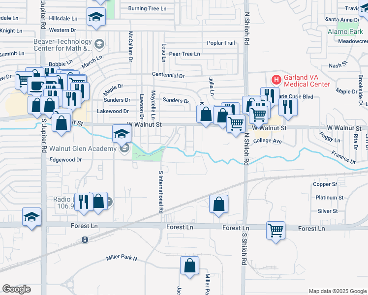 map of restaurants, bars, coffee shops, grocery stores, and more near 410 North International Road in Garland