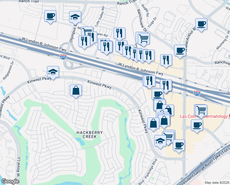 map of restaurants, bars, coffee shops, grocery stores, and more near 2100 Kinwest Parkway in Irving