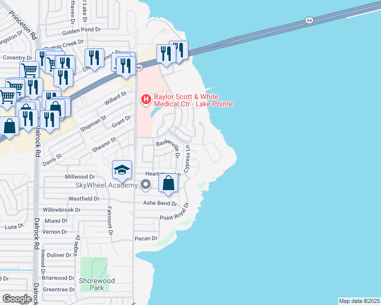 map of restaurants, bars, coffee shops, grocery stores, and more near 9802 Cypress Cove in Rockwall