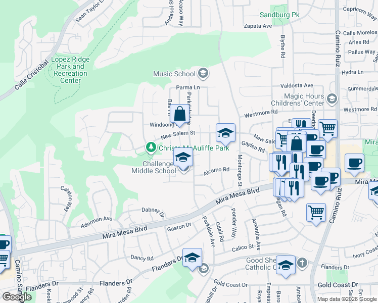 map of restaurants, bars, coffee shops, grocery stores, and more near 10856 Parkdale Avenue in San Diego
