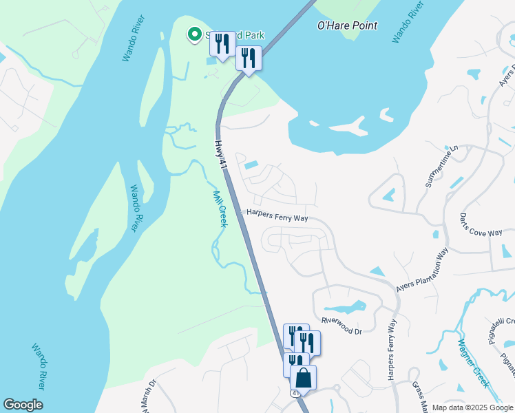map of restaurants, bars, coffee shops, grocery stores, and more near 2300 Braided Lane in Mount Pleasant