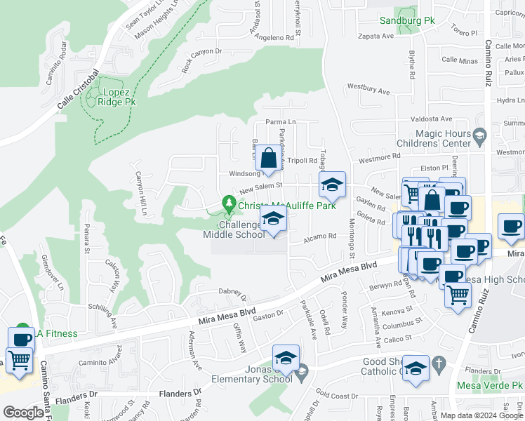 map of restaurants, bars, coffee shops, grocery stores, and more near 10861 Angola Road in San Diego