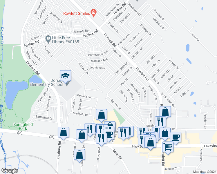 map of restaurants, bars, coffee shops, grocery stores, and more near 6109 Locust Street in Rowlett