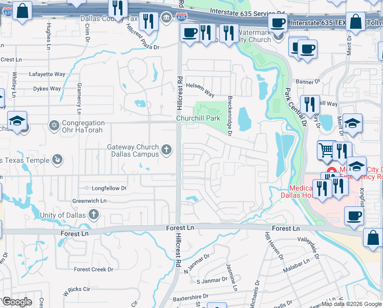 map of restaurants, bars, coffee shops, grocery stores, and more near Preston Glen Drive in Dallas