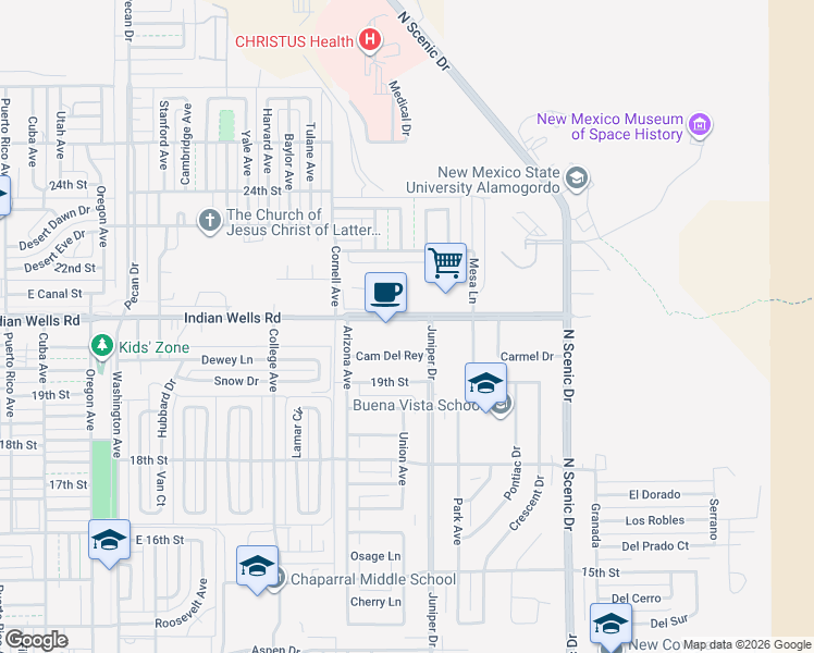 map of restaurants, bars, coffee shops, grocery stores, and more near 2101-2299 Juniper Drive in Alamogordo
