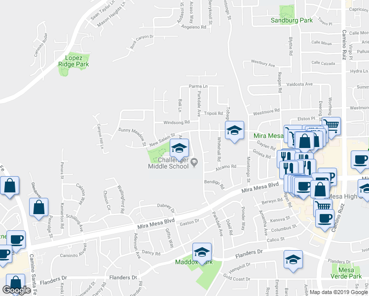 map of restaurants, bars, coffee shops, grocery stores, and more near 10845 Angola Road in San Diego
