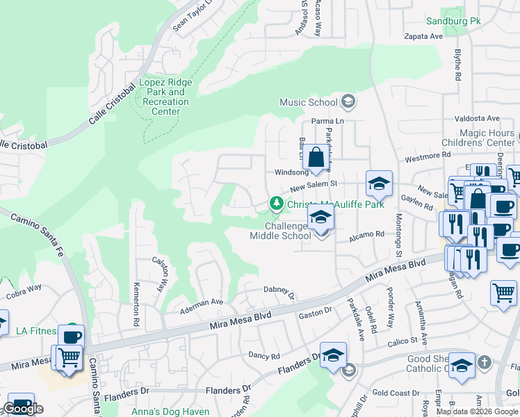 map of restaurants, bars, coffee shops, grocery stores, and more near 7507 New Salem Street in San Diego